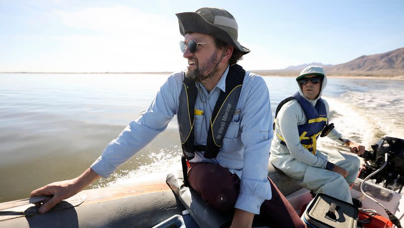 Ryan G. Sinclair, Loma Linda University associate professor of public health and earth and biological sciences, and Quinn Montgomery, Alianza consultant biologist, go to various locations on the Salton Sea to collect water samples and check on a hydrogen sulfide sensor in Imperial County, Calif., on Thursday, Dec. 14, 2023.