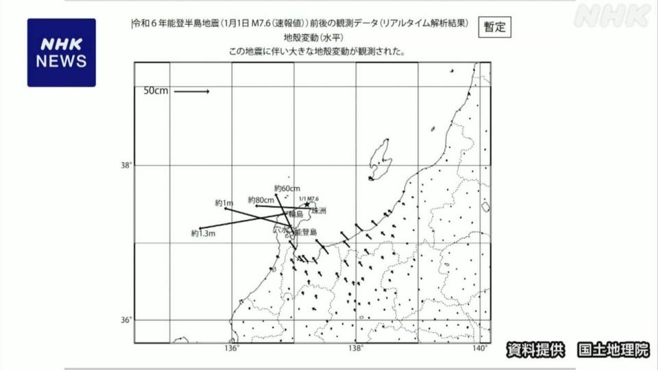 日本國土地理院發現能登半島部分地區有位移現象。（翻自NHK）