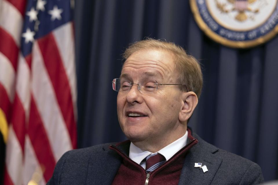 Rep. Jim Langevin, D-R.I., speaks with a reporter in his office, Friday, March 25, 2022, in Warwick, R.I. After the Capitol riot, Langevin said he thought briefly that the foolishness and recklessness of dividing the country would finally stop. That didn’t happen, and the Rhode Island Democrat says it’s one reason why he’s leaving Congress. (AP Photo/Michael Dwyer)