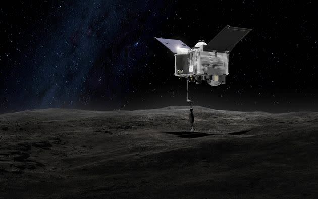 An artistic version the Origins Spectral Interpretation Resource Identification Security - Regolith Explorer (OSIRIS-REx) spacecraft contacting the asteroid Bennu with the Touch-And-Go Sample Arm Mechanism.