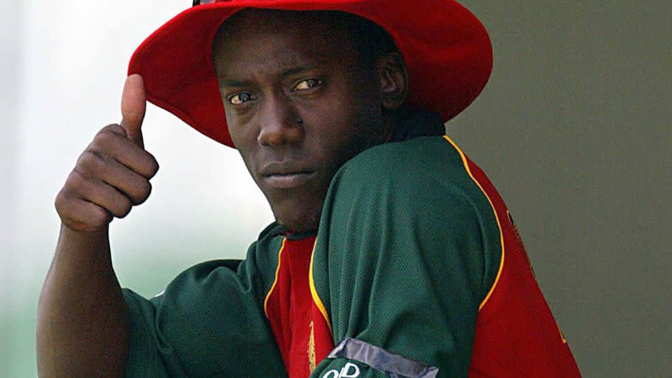 Olonga wears a black armband during the 2003 Cricket World Cup. - Alexander Joe/AFP via Getty Images