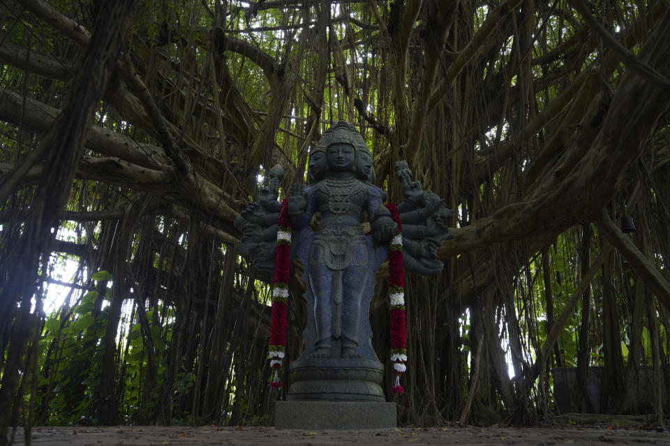 A statue of Lord Muruga, the Hindu god of war, son of Shiva and brother of Ganesha, sits in the middle of a meditation space under a banyan tree at the Kauai Hindu Monastery on July 13, 2023, in Kapaa, Hawaii. (AP Photo/Jessie Wardarski)