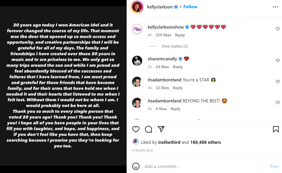 Kelly Clarkson reflects on 20th anniversary of American Idol win (Instagram / Kelly Clarkson)