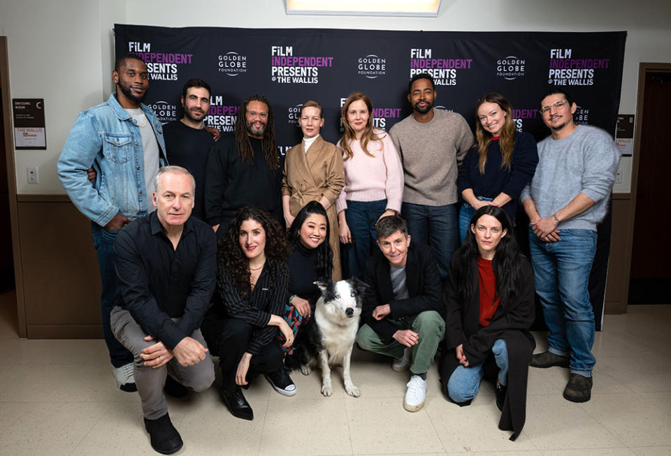 (Clockwise from Top L) Quincy Isaiah, Brett Goldstein, Franklin Leonard, Sandra Hüller, Justine Triet, Jay Ellis, Olivia Wilde, Danny Ramirez, Riley Keough, Tig Notaro, Messi the dog, Sherry Cola, Kate Berlant and Bob Odenkirk attend the Film Independent Live Read of Justine Triet's "Anatomy Of A Fall" at the Wallis Annenberg Center for the Performing Arts on February 14, 2024 in Beverly Hills, California.