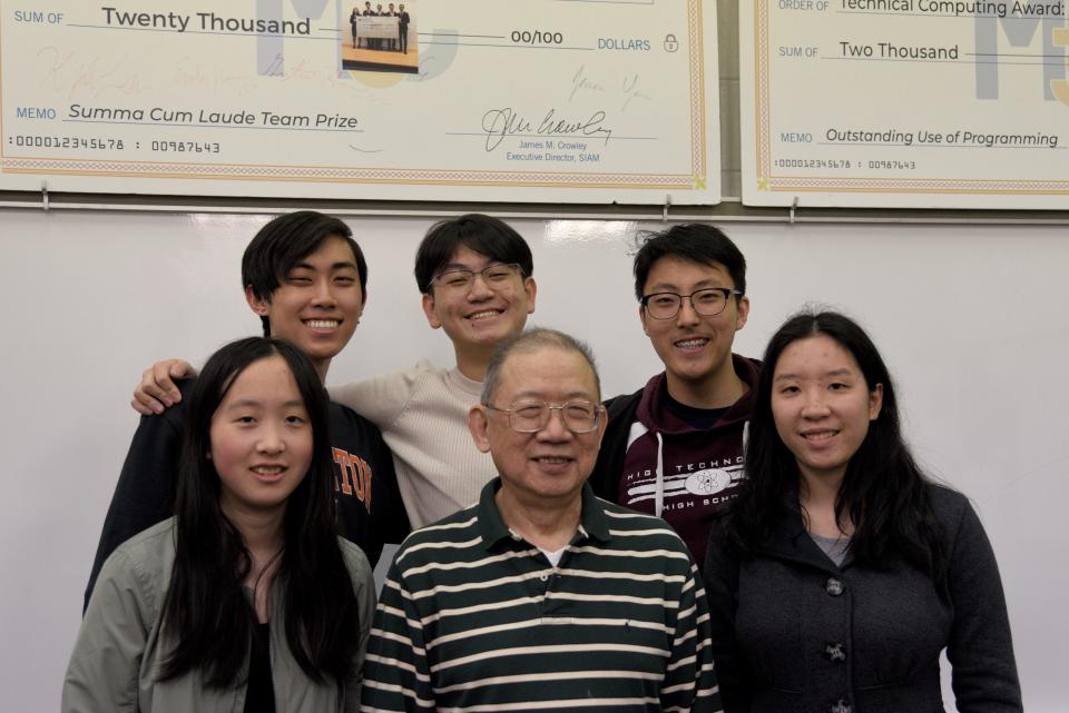 From top left, Kevin Guan, Michael Gao, Kevin Liu, bottom: Amanda Guan, Dr. Raymond Eng and Amanda Lin. The team poses with their coach Dr. Raymond Eng on Friday, April 28, 2023 at High Technology High School in Middletown, New Jersey. 