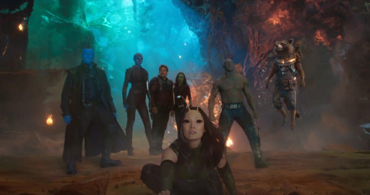 Guardians of the Galaxy Vol. 2 Yondu (Michael Rooker), Nebula (Karen Gillan), Star-Lord (Chris Pratt), Gamora (Zoe Saldana), Mantis (Pom Klementieff), Drax (Dave Bautista), Rocket (Bradley Cooper), and Groot (Vin Diesel)