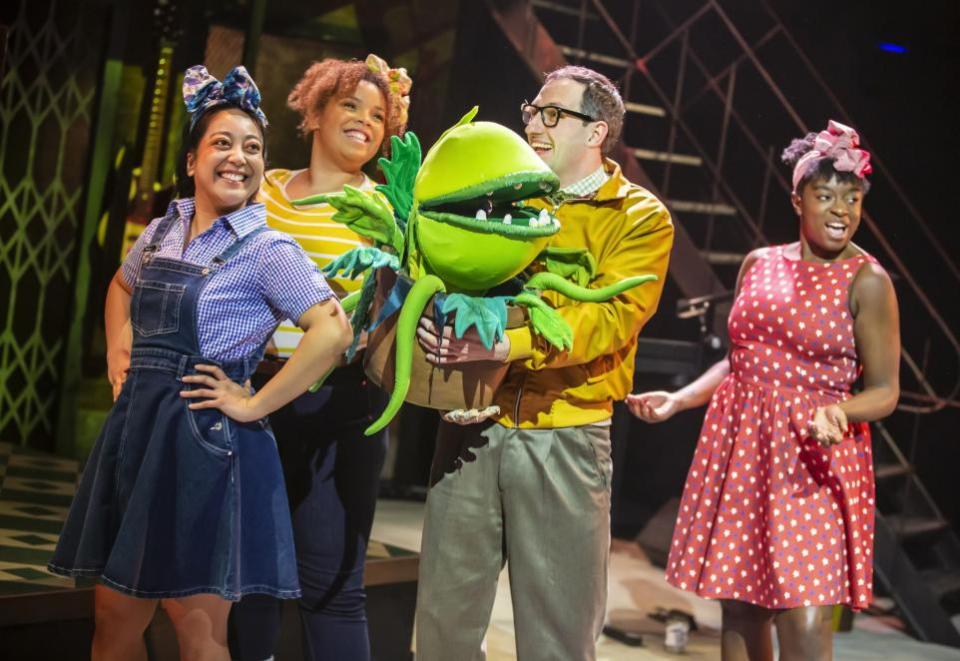 The Bolton News: Janna May, Zweyla Mitchell Dos Santos, Oliver Mawdsley and Chardai Shaw in Little Shop of Horrors                                                          (Picture: Pamela Raith)