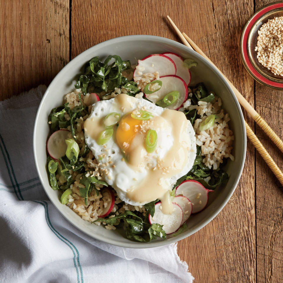 Brown Rice Bowl with Miso, Poached Egg, and Kale-Radish Slaw