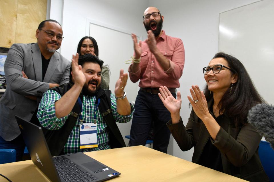 U.S. House candidate Democrat Mary Peltola celebrates after results are announced for the special election in which she won the race for Alaska's lone seat in the U.S. House of Representatives on Wednesday, Aug. 31, 2022, in Anchorage, Alaska.