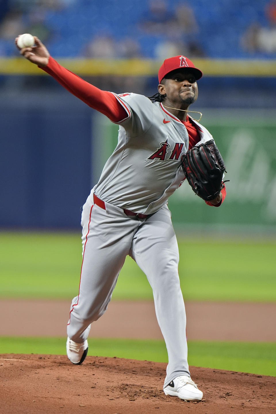 Los Angeles Angels' Jose Soriano pitches to a Tampa Bay Rays batter during the first inning of a baseball game Tuesday, April 16, 2024, in St. Petersburg, Fla. (AP Photo/Chris O'Meara)