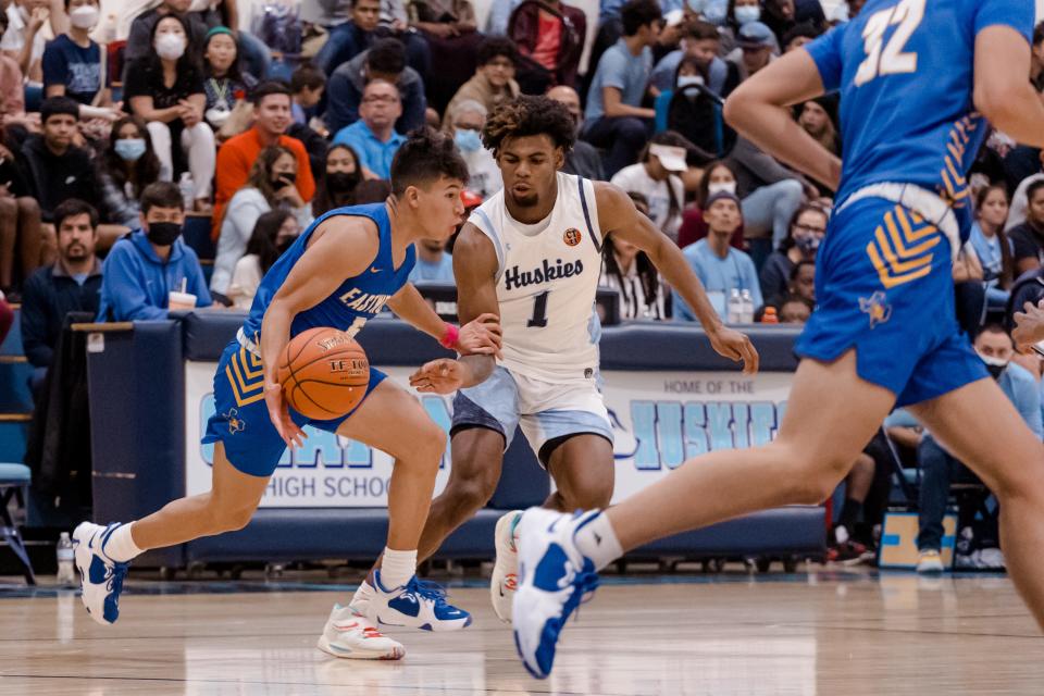 Chapin's KJ Lewis (1) and Eastwood's George Garcia (5) at a boys basketball  game Tuesday, Nov. 16, 2021, at Chapin High School in El Paso, TX.