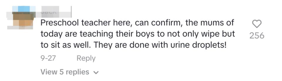 "can confirm here, the mums of today are teaching their boys to not only wipe but to sit as well. They are done with urine droplets"