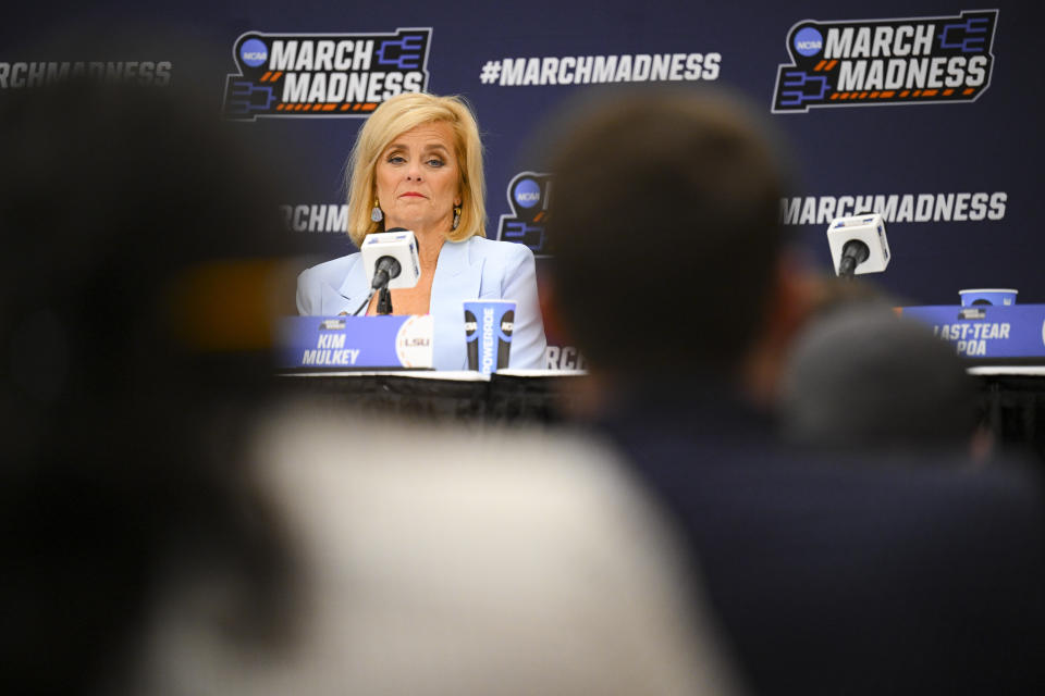 BATON ROUGE, LOUISIANA - MARCH 22: Head Coach Kim Mulkey of the LSU Tigers answers a question at the press conference during the first round of the 2024 NCAA Women's Basketball Tournament held at Pete Maravich Assembly Center on March 22, 2024 in Baton Rouge, Louisiana. (Photo by Andy Hancock/NCAA Photos/NCAA Photos via Getty Images)