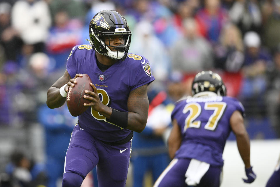 Baltimore Ravens quarterback Lamar Jackson looks for a receiver in the first half of an NFL football game against the Buffalo Bills Sunday, Oct. 2, 2022, in Baltimore. (AP Photo/Nick Wass)