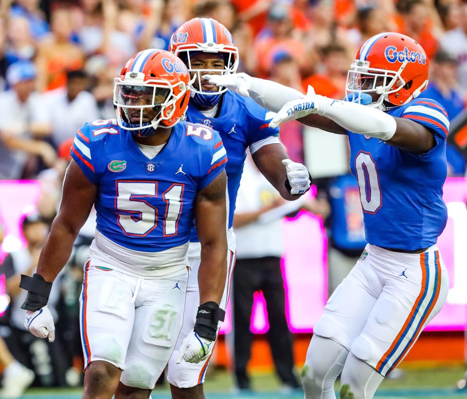 Florida Gators linebacker Ventrell Miller (51) celebrates a tackle against the Kentucky Wildcats in the first half at Steve Spurrier Field at Ben Hill Griffin Stadium in Gainesville, FL on Saturday, September 10, 2022. [Brad McClenny/Gainesville Sun]