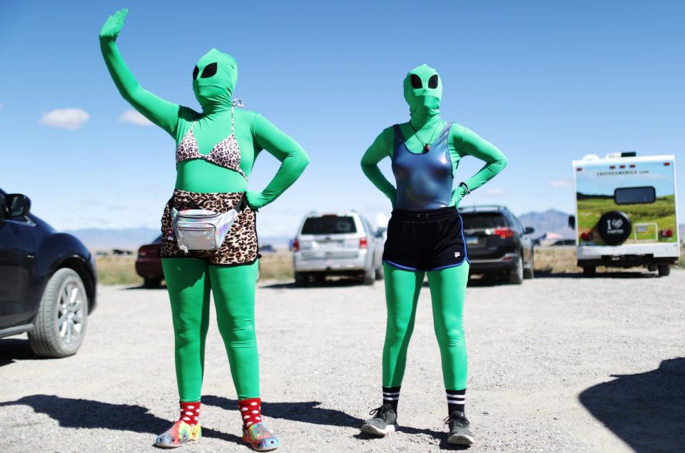 Women are dressed as aliens at Storm Area 51 spinoff event Alienstock in Rachel, Nevada: Getty Images