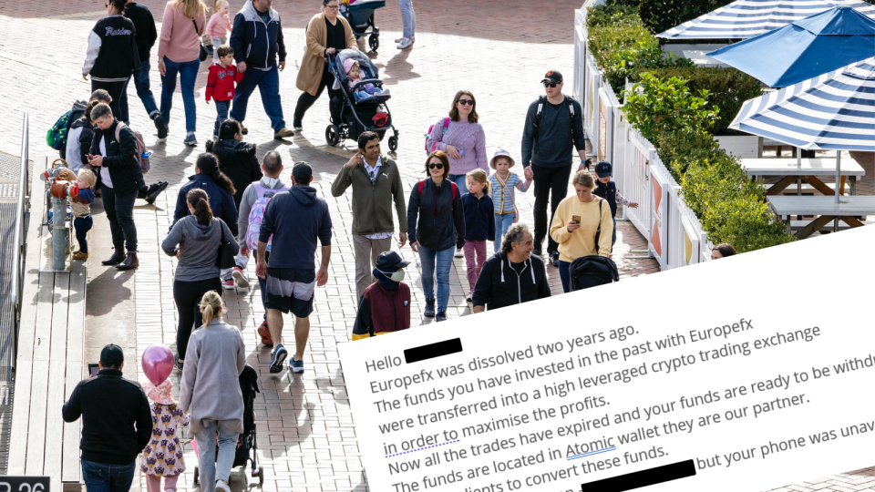 A composite image of a crowd of people walking and a copy of the investment scam message.