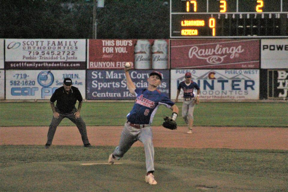 Cade Bleeker rears up to make his pitch against Parker Lighting in the second game of the Aztecas doubleheader on Friday, Jun 17, 2022 at the Tony Andenucio Tournament.