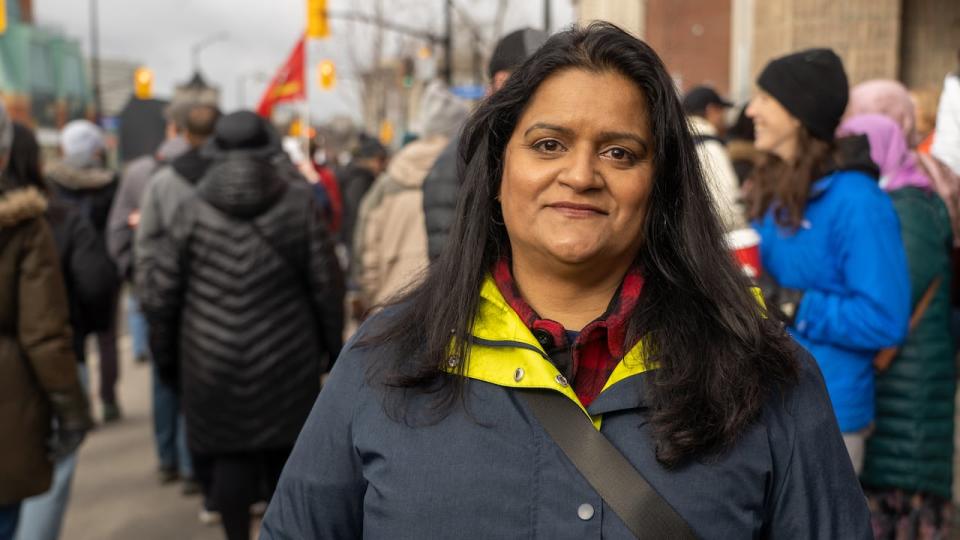 Sharon DeSousa, Public Service Alliance of Canada (PSAC) national executive vice-president, in front of the Ottawa office of Treasury Board President Mona Fortier on April 19, 2023.