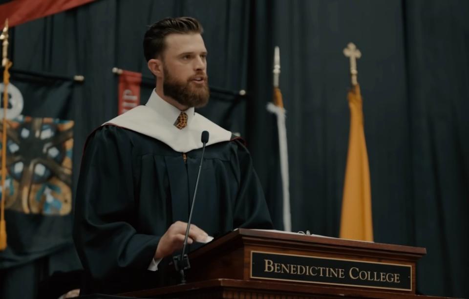 Harrison Butker speaking at Benedictine College’s 2024 graduation. BenedictineCollege