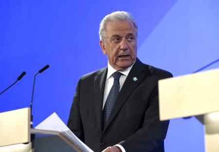 FILE PHOTO: European Commissioner for Migration and Home Affairs Dimitris Avramopoulos attends a news conference in Helsinki