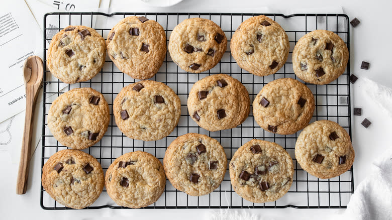 Chocolate chip cookies on cooling rack