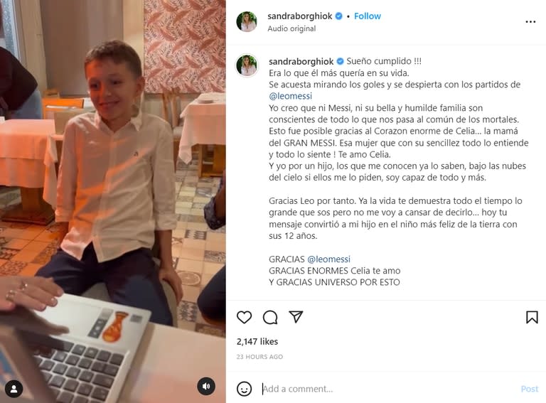 Sandra Borghi sorprendió a su hijo con un saludo de Lionel Messi