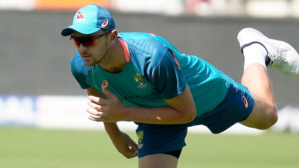 Seen here, Josh Hazlewood in training with the Aussie cricket side. 