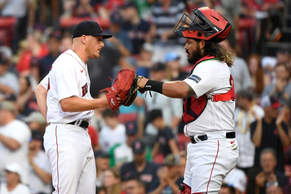 Boston Red Sox pitcher Brandon Walter (75) is congratulated by catcher Jorge Alfaro (38) after defeating the Oakland Athletics at Fenway Park last year.