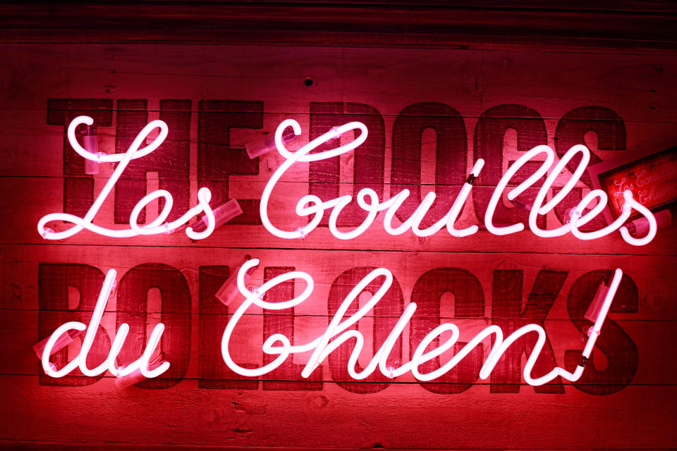 A neon sign that reads ‘The Dogs Bollocks’