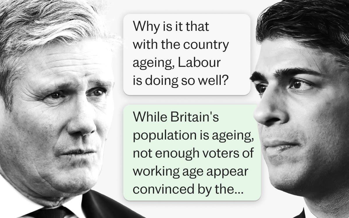 A visual of Keir Starmer and Rishi Sunak's faces flanking two speech bubbles