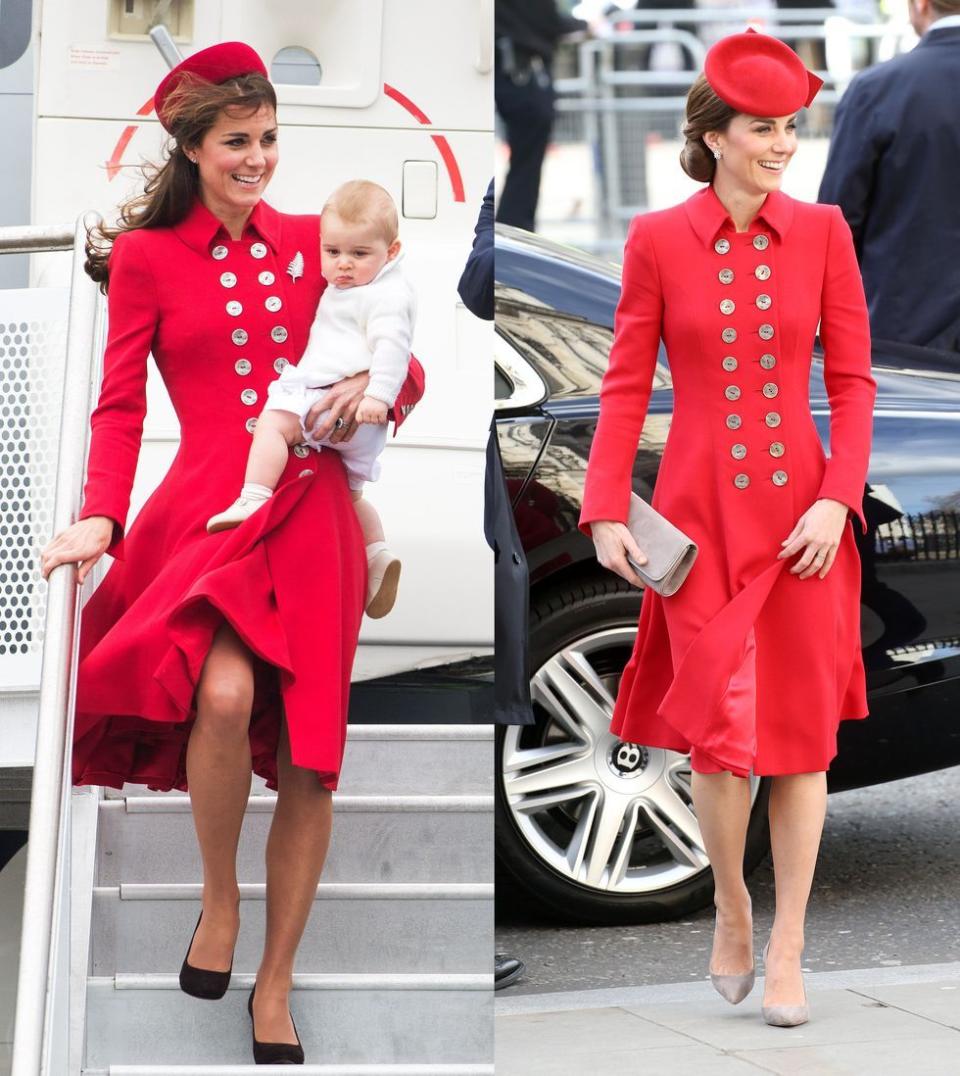 <p>Kate rewore a vivid red coat dress with gold buttons from Catherine Walker to the Commonwealth Day Service at Westminster Abbey on Monday, March 11, 2019 which she originally wore while arriving in New Zealand on an official trip in 2014. </p>