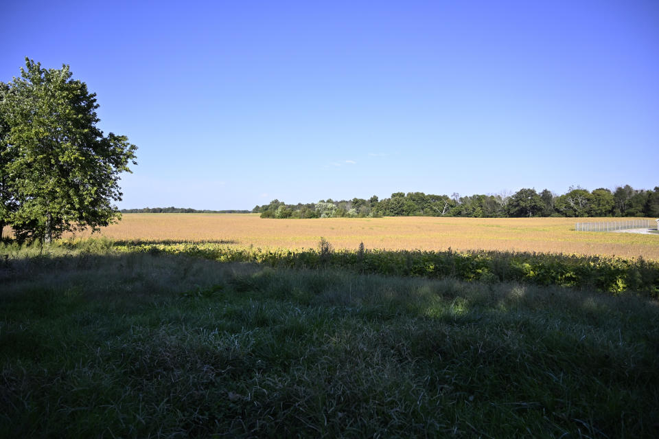 This Monday, Sept. 27, 2021, photo shows a 1,551-acre field which will become the site of of a joint venture with Ford Motor Company and SK Innovation to create the $5.8 billion BlueOvalSK Battery Park in Glendale, Ky. The dedicated battery manufacturing complex is intended to supply Ford's North American assembly plants with locally assembled batteries. (AP Photo/Timothy D. Easley)