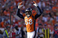 Denver Broncos outside linebacker Von Miller (58) celebrates a defensive stop against the New York Jets during the second half of an NFL football game, Sunday, Sept. 26, 2021, in Denver. (AP Photo/David Zalubowski)