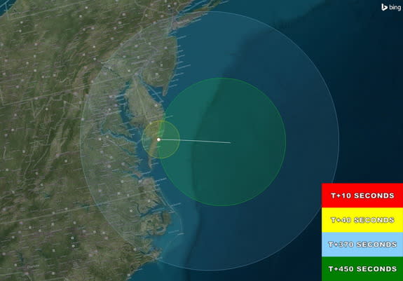 This map shows areas of North America where a sounding rocket launch should be visible on Oct. 7, 2015.