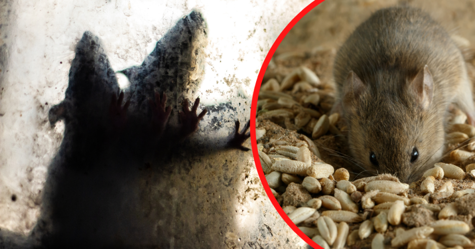 Silhouette of mice in captivity and a small brown mouse eating grains