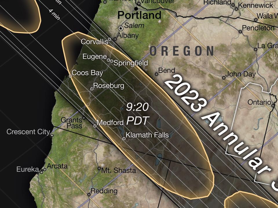 zoomed shot of nasa map shows eclipse shadow running through southwestern Oregon, northern Nevada, and the northeastern tip of California in October 2023