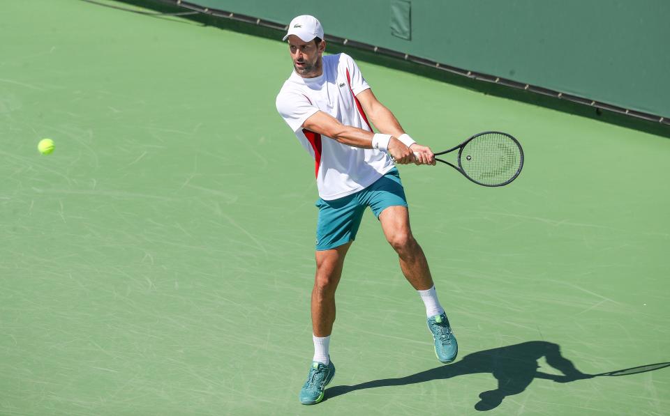 Novak Djokovic practices on Practice Court 2 at the BNP Paribas Open in Indian Wells, Calif., Mar. 6, 2024.