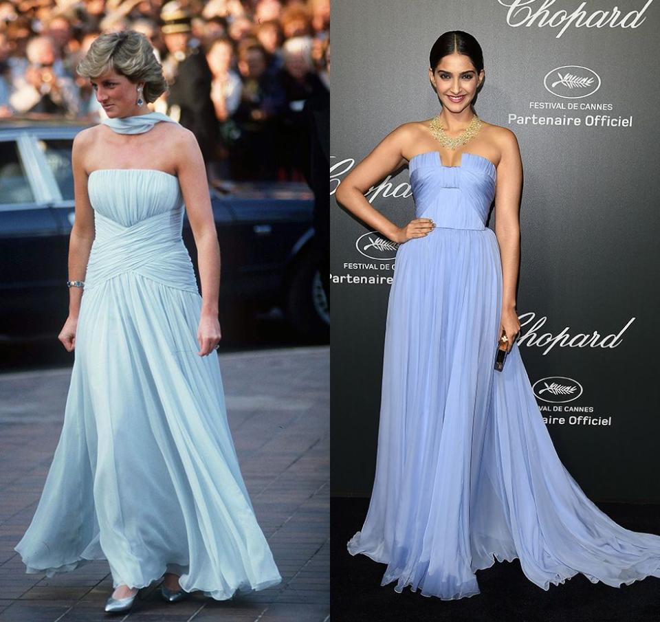 <p>When Princess Diana stepped out at the Cannes Film Festival in a light blue Catherine Walker chiffon gown, people immediately drew similarities to <a href="https://www.marieclaire.co.uk/fashion/10-of-grace-kelly-s-most-beautiful-on-screen-outfits-21124" rel="nofollow noopener" target="_blank" data-ylk="slk:a gown worn by Grace Kelly;elm:context_link;itc:0;sec:content-canvas" class="link ">a gown worn by Grace Kelly</a> decades before. But in 2014, actress Sonam Kapoor's similar ballgown was reminiscent of the late Lady Di. </p>