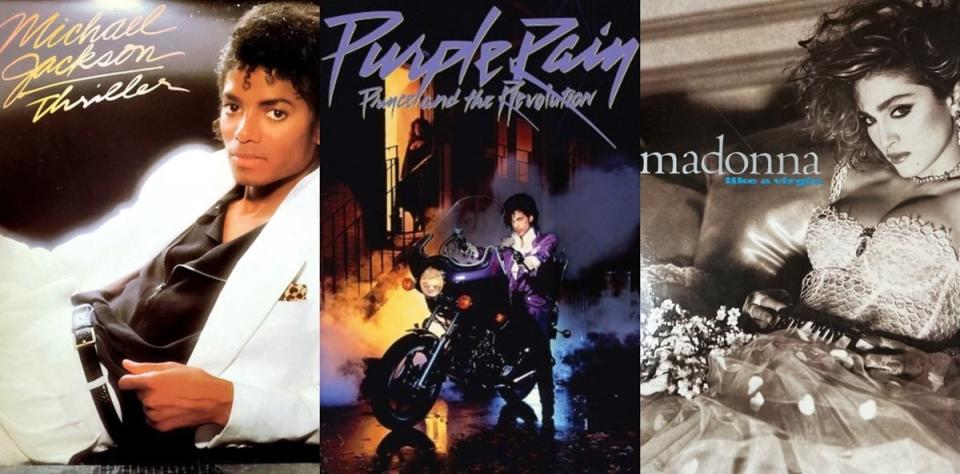 Michael Jackson's "Thriller," Prince's "Purple Rain," and Madonna's "Like a Virgin" album covers.