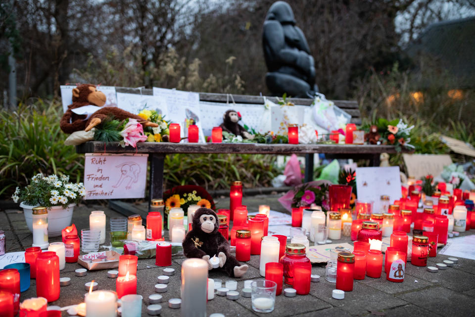 02 January 2020, North Rhine-Westphalia, Krefeld: Numerous pictures, stuffed animals and candles are lying in front of the main entrance of the Krefeld Zoo. After the fire in the monkey house with many dead animals, there are, according to investigators, indications of so-called Chinese sky lanterns as the cause of the fire. Photo: Marcel Kusch/dpa (Photo by Marcel Kusch/picture alliance via Getty Images)