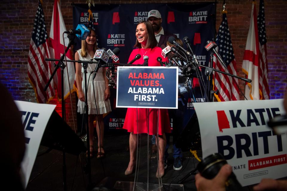 U.S. Senate candidate Katie Britt delivers her primary race victory speech during an election night party in Montgomery, Ala., on Tuesday, May 24, 2022. Britt will enter a run-off with U.S. Rep. Mo Brooks. 