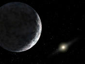 A California astronomer has discovered what he believes is the 10th planet in our solar system, a group of NASA-funded researchers said on July 29, 2005. The new planet, known as 2003UB313, has been identified as the most distant object ever detected orbiting the sun, California Institute of Technology astronomer Michael Brown said. This artist's concept shows planet 2003UB313 at the lonely outer fringes of our solar system. Our sun can be seen in the distance. The new planet, which is yet to be formally named, is at least as big as Pluto and about three times farther away from the Sun than Pluto. The planet was discovered by the Samuel Oschin Telescope at the Palomar Observatory near San Diego, Calif., on January 8, 2005. (CREDIT : REUTERS/NASA/JPL-Caltech/HO)