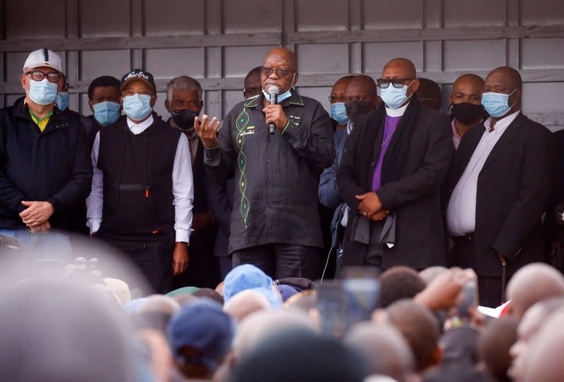 Former South African president Jacob Zuma speaks to supporters who gathered at his home in Nkandla