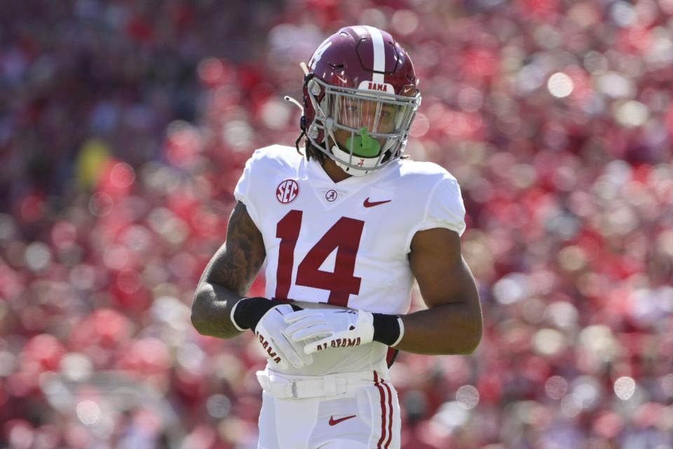 Alabama defensive back Brian Branch prepares for a play against Arkansas in October.