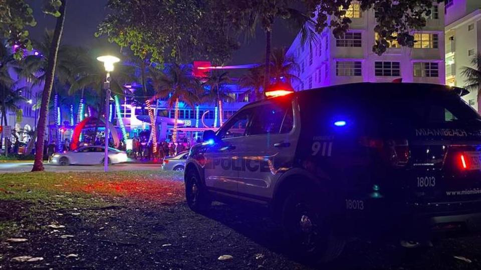 A Miami Beach Police vehicle is parked on Lummus Park in South Beach.