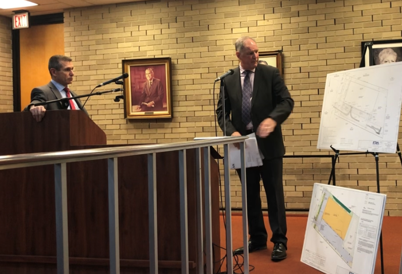 Attorney Michael Fralinger (left) and engineer Keith Smith give details on the Garden Greens LLC cannabis cultivation facility proposed for a Vineland industrial park property on North Mill Road. The Vineland Planning Board approved the plan Wednesday night. Feb. 9, 2022.