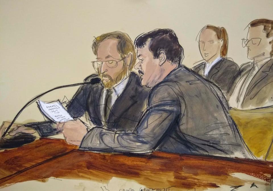 FILE  - In this courtroom sketch, Joaquin "El Chapo" Guzman, foreground right, reads a statement through an interpreter during his sentencing in federal court, July 17, 2019, in New York. A US appeals court affirmed on Tuesday, Jan. 25, 2022 the conviction of JoaquÃ­n â€œEl Chapoâ€ GuzmÃ¡n, who had asked for his 2019 indictment for drug trafficking to be dismissed. (Elizabeth Williams via AP, File)