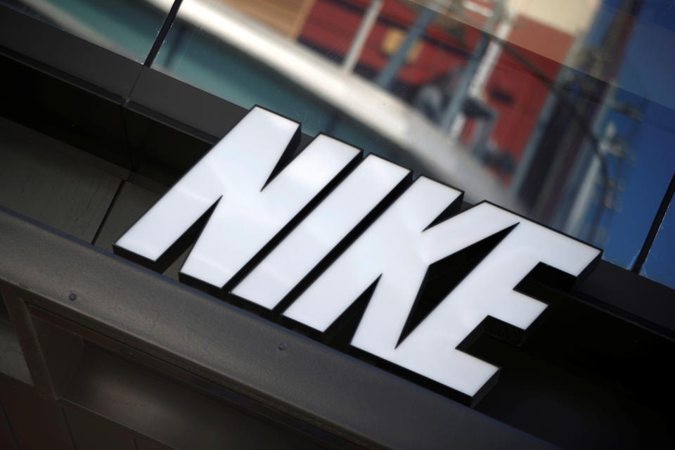 The logo of Dow Jones Industrial Average stock market index listed company Nike (NKE) is seen in Los Angeles, California, United States, April 12, 2016. REUTERS/Lucy Nicholson