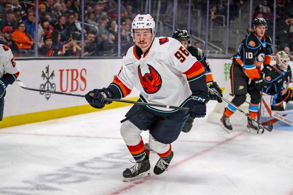 Firebirds forward Logan Morrison (96) scored two of four goals in the win against the San Diego Gulls at Acrisure Arena in Palm Desert, Calif., on Wed., Nov. 8, 2023.